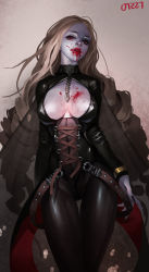 Rule 34 | 00s, 1girl, absurdres, arm at side, arm support, belt, black nails, black pants, blonde hair, blood, blood on breasts, blood on face, blood on hands, breasts, breasts apart, corset, dated, domina hailey, drill hair, dungeon and fighter, fingernails, head tilt, highres, long fingernails, long hair, long sleeves, medium breasts, midfinger, nail polish, pants, parted lips, red eyes, solo, standing, thigh gap, vampire, very long hair