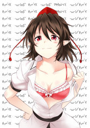 Rule 34 | 1girl, blush, bra, breasts, brown hair, chaigidhiell, female focus, hat, highres, lingerie, looking at viewer, open clothes, open shirt, pointy ears, red eyes, shameimaru aya, shirt, short hair, small breasts, smile, solo, tokin hat, touhou, underwear