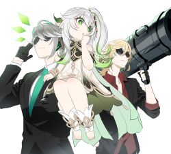 Rule 34 | 1girl, 2boys, alhaitham (genshin impact), black gloves, blonde hair, collared shirt, dress, earrings, fingerless gloves, genshin impact, gloves, green eyes, green hair, grey hair, hair between eyes, holding, holding weapon, jacket, jewelry, kaveh (genshin impact), mn, multiple boys, nahida (genshin impact), necktie, parted lips, pointy ears, ponytail, red shirt, shirt, side ponytail, simple background, sunglasses, weapon, white background, white hair, white shirt