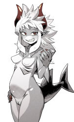 Rule 34 | 1girl, blush, breasts, cleft of venus, fingernails, fins, fish tail, geso smith, gills, greyscale, grin, hand on own hip, highres, horns, long hair, looking at viewer, medium breasts, monochrome, monster girl, nude, original, pointy ears, pussy, red eyes, red nails, sharp fingernails, sharp teeth, simple background, smile, solo, spiked hair, spot color, tail, teeth, uncensored