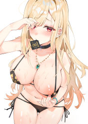 Rule 34 | 1girl, absurdres, bead bracelet, beads, bikini, black bikini, blonde hair, blush, bracelet, breasts, closed mouth, condom, condom in mouth, condom wrapper, ear piercing, earrings, fang qiao, floral print, highres, jewelry, kitagawa marin, large breasts, long hair, looking at viewer, mouth hold, nipples, one eye closed, pendant, piercing, print bikini, red eyes, ribs, side-tie bikini bottom, simple background, solo, sono bisque doll wa koi wo suru, sweat, swimsuit, white background