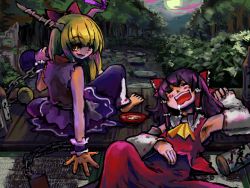 Rule 34 | 2girls, :d, armpits, blush, bow, bowtie, bush, collar, detached sleeves, dress, drunk, female focus, flower, frills, full moon, hair bow, hair tubes, hakurei reimu, horns, ibuki suika, long sleeves, luft, lying, moon, moss, multiple girls, night, on back, oni, open mouth, outdoors, plant, red bow, red bowtie, red dress, ribbon-trimmed sleeves, ribbon trim, sidelocks, sitting, smile, stairs, teeth, touhou