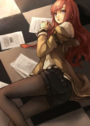 Rule 34 | 1girl, bad id, bad pixiv id, belt, black pantyhose, brown hair, checkered floor, floor, jacket, pantyhose under shorts, long hair, lying, makise kurisu, off shoulder, on side, open mouth, pantyhose, paper, purple eyes, shirt, shorts, solo, steins;gate, xiao qiang (overseas)