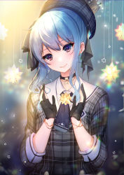Rule 34 | 1girl, ascot, bad id, bad pixiv id, beret, black choker, black gloves, blue ascot, blue hair, buttons, choker, collared shirt, crown, crying, crying with eyes open, double-breasted, earrings, gloves, grey hat, grey jacket, hair between eyes, hair ribbon, happy tears, hat, highres, hololive, hoshimachi suisei, hoshimachi suisei (1st costume), jacket, jewelry, long hair, long sleeves, looking at viewer, medium hair, mochimochi dando, partially fingerless gloves, pendant, plaid, plaid headwear, plaid jacket, purple eyes, ribbon, shirt, side ponytail, sidelocks, solo, star (symbol), star bracelet, star earrings, star in eye, symbol in eye, tears, virtual youtuber, white shirt