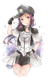 Rule 34 | 1girl, believe again, choker, commentary request, fingerless gloves, fishnet pantyhose, fishnets, gloves, hand on own hip, hat, headset, highres, holding, holding clothes, holding hat, kazuno sarah, long hair, looking at viewer, love live!, love live! sunshine!!, love live! sunshine!! the school idol movie over the rainbow, pantyhose, pink eyes, purple hair, short shorts, short sleeves, shorts, sidelocks, solo, spoilers, sunya (honorin-yuunibo)
