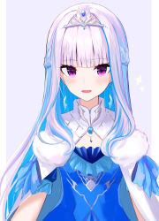 Rule 34 | 1girl, absurdres, blue dress, blue hair, blunt bangs, blush, braid, cloak, commentary, dress, french braid, grey background, highres, kei-chan (ultimatekeichan), lize helesta, lize helesta (3rd costume), long hair, looking at viewer, multicolored hair, nijisanji, open mouth, purple eyes, simple background, smile, solo, tiara, two-tone hair, upper body, virtual youtuber, white hair