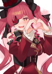 Rule 34 | 1girl, absurdres, bare shoulders, blush, breasts, corset, dress, eyepatch, frilled dress, frills, gothic lolita, hair ribbon, hat, heart, heart-shaped pupils, heart hands, highres, hololive, houshou marine, large breasts, lolita fashion, long hair, looking at viewer, medium breasts, open mouth, red dress, red hair, ribbon, smile, solo, symbol-shaped pupils, tonarikeru, twintails, virtual youtuber, yellow eyes