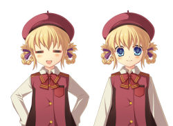 Rule 34 | 00s, 1girl, = =, alternate costume, alternate hairstyle, ayamisiro, beret, blue eyes, bow, braid, braided hair rings, clone, closed eyes, dual persona, expressions, hair rings, hands on own hips, hat, official alternate costume, patty fleur, ribbon, smile, tales of (series), tales of vesperia
