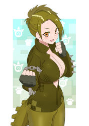 Rule 34 | 10s, 1girl, american alligator (kemono friends), braid, breasts, center opening, chain, cleavage, crocodilian tail, fingerless gloves, gloves, green hair, highres, japari symbol, kemono friends, large breasts, makeup, momosuke (ishakry), no bra, open mouth, orange eyes, patterned background, paw print, paw print background, ponytail, solo, tail, upper body