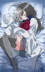 Rule 34 | 1boy, 1girl, absurdres, ahoge, animal print, assault lily, bed sheet, blush, bow, bowtie, closed eyes, commentary request, frilled skirt, frills, grey hair, grey thighhighs, hands up, herensuge girls academy school uniform, hetero, highres, jacket, legs together, long hair, long sleeves, lying, miniskirt, multicolored hair, no shoes, on side, oversized clothes, parted lips, penis shadow, pillow, print legwear, rabbit print, red bow, red bowtie, sasaki ran, school uniform, skirt, sleep molestation, sleeping, sleeves past fingers, sleeves past wrists, solo focus, streaked hair, thighhighs, upskirt, white jacket, white skirt, ya-man, zzz