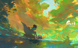 Rule 34 | 1girl, 1other, artist name, bag, black hair, blue dress, canopy, clover, day, dress, elf, english text, frog, green pants, high ponytail, highres, japanese clothes, kappa, kimono, leaf, leaf boat, lily pad, long hair, looking up, mini person, minigirl, nature, original, outdoors, pants, partially submerged, partially underwater shot, pink tank top, plant, pointy ears, scenery, short kimono, shoulder bag, sidelocks, sitting, sky, swimming, tank top, underwater, water, wenjun lin