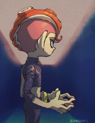Rule 34 | 1boy, agent 8 (splatoon), artist name, asymmetrical clothes, black pants, black shirt, blue background, blue eyes, closed mouth, cokeshi, cowboy shot, expressionless, facing away, fingers together, long sleeves, male focus, midriff, nintendo, octoling, octoling boy, octoling player character, pants, red hair, shirt, simple background, splatoon (series), splatoon 2, splatoon 2: octo expansion, tentacle hair, undercut