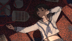 Rule 34 | 1girl, arm up, birdcage, black hair, black sailor collar, blood, blood from mouth, blood on face, blue neckerchief, blush, breast pocket, brick floor, brown eyes, cage, collarbone, from above, highres, long hair, long sleeves, lying, midriff, navel, neckerchief, on back, on floor, original, parted lips, petals, pocket, red ribbon, ribbon, sailor collar, school uniform, serafuku, shirt, upper body, white shirt, window shadow, ye zi you bei jiao ju ge
