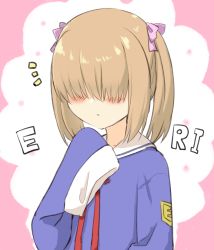 Rule 34 | 1girl, :o, bad id, bad pixiv id, blue shirt, blush, bow, brown hair, commentary request, copyright request, engiyoshi, facing viewer, hair bow, hair over eyes, hand up, long sleeves, notice lines, parted lips, pink bow, red ribbon, ribbon, sailor collar, school uniform, serafuku, shirt, sleeves past fingers, sleeves past wrists, solo, twintails, upper body, white sailor collar
