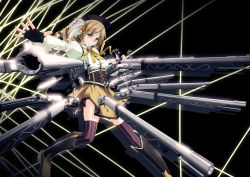 Rule 34 | 10s, 1girl, aiming, aiming at viewer, beret, blonde hair, boots, breasts, brown thighhighs, corset, detached sleeves, drill hair, fingerless gloves, foreshortening, gloves, gun, hair ornament, hairpin, hat, light smile, magical girl, magical musket, mahou shoujo madoka magica, mahou shoujo madoka magica (anime), outstretched arm, outstretched hand, pleated skirt, puffy sleeves, ribbon, rifle, ritz, shirt, skirt, smile, solo, striped clothes, striped thighhighs, taut clothes, taut shirt, thighhighs, tomoe mami, twin drills, vertical-striped clothes, vertical-striped thighhighs, weapon, yellow eyes, zettai ryouiki