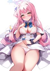 Rule 34 | 1girl, angel wings, blue archive, blush, bow, bow bra, bow panties, bra, breasts, capelet, cleavage, dress, feathered wings, hair bun, hair ornament, halo, hand on own chest, highres, long hair, looking at viewer, medium breasts, mika (blue archive), panties, pink bra, pink hair, pink halo, pink panties, pinki o64, scrunchie, single side bun, solo, underwear, white capelet, white dress, white wings, wing ornament, wings, wrist scrunchie, yellow eyes