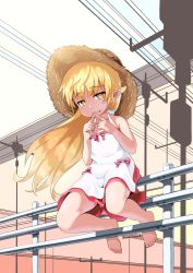 Rule 34 | 1girl, bad id, bad pixiv id, bakemonogatari, bare legs, barefoot, blonde hair, blush stickers, commentary, dress, fang, fang out, feet, fingers together, hat, highres, index fingers together, kagarimachi konatsu, long hair, looking at viewer, monogatari (series), oshino shinobu, outdoors, pointy ears, railing, sitting, smile, solo, straw hat, sun hat, toes, very long hair, yellow eyes