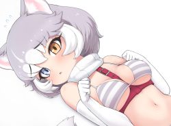 Rule 34 | 1girl, animal ear fluff, animal ears, bare shoulders, belt, bikini, bikini top only, blue eyes, blush, breasts, commentary, dog (mixed breed) (kemono friends), dog ears, elbow gloves, flying sweatdrops, gloves, grey hair, heterochromia, kemono friends, looking at viewer, medium breasts, multicolored hair, navel, open mouth, paw pose, ransusan, simple background, solo, stomach, striped bikini, striped clothes, swimsuit, tail, two-tone hair, white background, white gloves, white hair, yellow eyes
