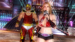 Rule 34 | 1boy, 1girl, 3d, bass armstrong, blonde hair, breasts, dead or alive, dead or alive 5, father and daughter, highres, large breasts, microphone, official art, tecmo, tina armstrong