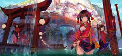 Rule 34 | 6+girls, architecture, black hair, black hakama, blue eyes, boat, breasts, building, canal, day, east asian architecture, fantasy, fuzichoco, hakama, hakama skirt, japanese clothes, kimono, long hair, looking at viewer, multicolored hair, multiple girls, original, outdoors, red kimono, scenery, see-through, skirt, small breasts, smile, streaked hair, torii, twintails, wading, water, watercraft, wide shot