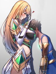 Rule 34 | 1boy, 1girl, absurdres, blonde hair, blush, breast smother, brown hair, chest jewel, earrings, face to breasts, gloves, hand on another&#039;s head, headpat, headpiece, height difference, highres, jewelry, kamishiro noa, looking at another, looking down, mythra (xenoblade), rex (xenoblade), tiara, xenoblade chronicles (series), xenoblade chronicles 2