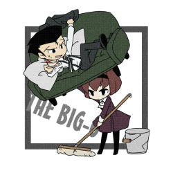 Rule 34 | 1boy, 1girl, android, black hair, bob cut, brown hair, cleaning, copyright name, couch, cup, dress, hairband, r dorothy wayneright, roger smith, short hair, simple background, suspenders, sweatdrop, teacup, the big o, white background