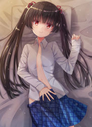 Rule 34 | 1girl, bed sheet, black hair, blue skirt, blush, breasts, breasts apart, closed mouth, collared shirt, long hair, looking at viewer, lying, masamune shizuru, navel, noble works, on back, open clothes, open shirt, pillow, plaid, plaid skirt, red eyes, rurukuru, shirt, skirt, sleeves past wrists, small breasts, smile, solo, twintails, very long hair, white shirt, wing collar