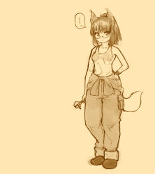 Rule 34 | ..., 1girl, animal ears, glasses, hand on own hip, jumpsuit, looking at viewer, meiz, monochrome, original, short hair, simple background, solo, tail, tank top, wrench