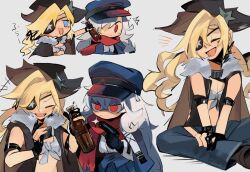 Rule 34 | 2girls, black gloves, blonde hair, blue eyes, blush, bottle, cape, chesed (uporyz), chibi, closed eyes, colt revolver (girls&#039; frontline), colt revolver (mod3) (girls&#039; frontline), commentary request, cowboy hat, eyepatch, facial mark, fur-trimmed cape, fur trim, girls&#039; frontline, gloves, grey background, gun, hair between eyes, handgun, hat, highres, holding, holding bottle, holding gun, holding weapon, long hair, makarov (girls&#039; frontline), makarov (mod3) (girls&#039; frontline), makarov pm, mod3 (girls&#039; frontline), multiple girls, multiple views, open mouth, partially fingerless gloves, red eyes, red scarf, red star, scarf, shirt, simple background, sitting, smile, soda bottle, star (symbol), star tattoo, tattoo, weapon, white hair, white shirt