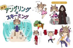 Rule 34 | 1boy, 1girl, :d, :t, ^ ^, aged down, animal, animal ears, animal on head, arms up, barbell, bare arms, bare shoulders, barefoot, black pants, blue one-piece swimsuit, blush stickers, brown cloak, camisole, character request, cloak, closed eyes, closed mouth, commentary request, covered navel, crossover, dress, energy sword, fish, hair ribbon, highres, holding, holding instrument, hood, hood up, hooded cloak, horse ears, horse girl, horse tail, instrument, kneehighs, kogomiza, lightsaber, long sleeves, on head, one-piece swimsuit, one eye closed, open mouth, pants, parting water, pink camisole, pink dress, pink footwear, pink skirt, pout, puffy short sleeves, puffy sleeves, purple shirt, red socks, ribbon, school uniform, shirt, shoes, short sleeves, skirt, smart falcon (umamusume), smile, socks, stag beetle, standing, standing on one leg, star (symbol), star wars, starfish, swimsuit, sword, tail, tracen school uniform, translation request, triangle (instrument), twintails, umamusume, v, water, weapon, white background, white shirt, wide sleeves, yellow eyes