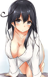 Rule 34 | 10s, 1girl, absurdres, all fours, black hair, blush, bottomless, breasts, cleavage, commentary request, dress shirt, female focus, grey eyes, highres, kantai collection, large breasts, leaning forward, long hair, looking at viewer, naked shirt, saku (kudrove), shirt, solo, ushio (kancolle)