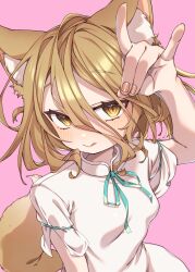 Rule 34 | 1girl, animal ears, blonde hair, brown eyes, e sdss, fox ears, fox girl, fox shadow puppet, fox tail, from above, green ribbon, highres, kudamaki tsukasa, pink background, ribbon, romper, short hair, simple background, solo, tail, touhou, white romper, yellow eyes
