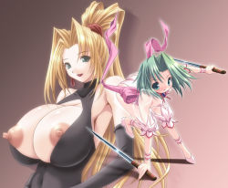 Rule 34 | 2girls, ankle cuffs, armpits, ass, bare shoulders, blonde hair, blush, bow, breasts, cleavage cutout, clothing cutout, covered erect nipples, dagger, dominatrix, earrings, ellis (toushinden), green eyes, green hair, huge breasts, jewelry, knife, large breasts, leotard, lipstick, long hair, makeup, multiple girls, necklace, nipples, parted bangs, ponytail, ribbon, running, see-through, shiragi, shoes, short hair, smile, sofia, sofia (toushinden), tamsoft, toushinden, weapon, wrist cuffs