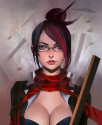 Rule 34 | 1girl, black hair, black shirt, blouse, blue eyes, breasts, cleavage, collared shirt, dress shirt, eyelashes, eyeshadow, fiora (league of legends), hair bun, hair ornament, hair stick, headmistress fiora, large breasts, light smile, lipstick, long sleeves, looking at viewer, makeup, multicolored hair, open clothes, open shirt, original, parted lips, pink lips, red hair, red scarf, scarf, shirt, short hair, since, single hair bun, solo, streaked hair, swept bangs, two-tone hair, upper body