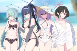 Rule 34 | 4girls, alternate breast size, atsuko (blue archive), bikini, black bikini, black hair, blue archive, blue eyes, blue hair, breasts, closed mouth, cosplay, covered navel, floral print, goyain, hair over one eye, hairband, halo, hanako (blue archive), hanako (blue archive) (cosplay), hanako (swimsuit) (blue archive), hat, high ponytail, highres, hinata (blue archive), hinata (blue archive) (cosplay), hinata (swimsuit) (blue archive), hiyori (blue archive), koharu (blue archive), koharu (blue archive) (cosplay), koharu (swimsuit) (blue archive), large breasts, long hair, looking at viewer, medium breasts, misaki (blue archive), multiple girls, navel, one-piece swimsuit, purple hair, purple hairband, red eyes, saori (blue archive), scratching cheek, shirt, short hair, sun hat, swimsuit, twintails, ui (blue archive), ui (blue archive) (cosplay), ui (swimsuit) (blue archive), very long hair, white one-piece swimsuit, white shirt