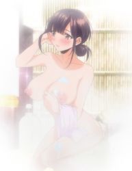 Rule 34 | 1girl, blush, breasts, brown eyes, brown hair, collarbone, girls rush, groin, kurahashi tokiko, large breasts, looking to the side, nipples, nude, screencap, sitting, soap bubbles, solo, steam, stitched, thighs, third-party edit, towel, towel on arm