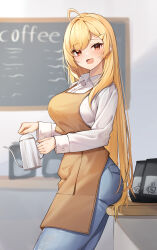 Rule 34 | 1girl, :d, absurdres, ahoge, apron, blonde hair, blue pants, breasts, brown apron, collared shirt, cowboy shot, denim, hair ornament, hairclip, highres, holding, jingburger, kettle, large breasts, long hair, long sleeves, looking at viewer, open mouth, pants, red eyes, shirt, smile, solo, standing, very long hair, virtual youtuber, waktaverse, white shirt, ziro (zirorong)