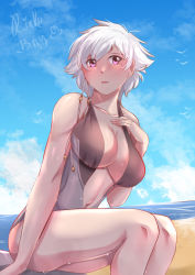Rule 34 | 1girl, beach, bird, bleach, blue sky, blush, breasts, cleavage, cloud, fingernails, grey one-piece swimsuit, hand on own chest, highres, horizon, kotetsu isane, large breasts, long fingernails, looking back, navel, one-piece swimsuit, open mouth, purple eyes, rinku bny, sand, short hair, signature, sky, solo, swimsuit, thighs, water, wet, white hair