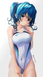 Rule 34 | 1girl, aigami kaon, bare arms, blue eyes, blue hair, blush, breasts, closed mouth, competition swimsuit, covered navel, cowboy shot, earrings, fang, fang out, flower earrings, garter-velvet, hair between eyes, head tilt, highres, jewelry, large breasts, looking at viewer, medium hair, one-piece swimsuit, original, playing with own hair, side ponytail, sidelocks, simple background, smile, solo, standing, swimsuit, thighs, twitter username, wet, white background, white one-piece swimsuit