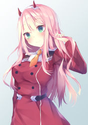 Rule 34 | 10s, 1girl, absurdres, bad id, bad pixiv id, blush, breasts, closed mouth, collared dress, commentary request, darling in the franxx, dress, green eyes, grey background, hand in own hair, hand up, head tilt, highres, horns, long hair, long sleeves, looking away, medium breasts, necktie, orange necktie, pink hair, red dress, short necktie, smile, solo, tsuruse, very long hair, zero two (darling in the franxx)