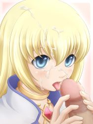 Rule 34 | 1boy, 1girl, blonde hair, blue eyes, blush, censored, colette brunel, cum, cum on hair, facial, from above, hetero, highres, kiikii (kitsukedokoro), long hair, mosaic censoring, nipples, open mouth, oral, penis, sex, solo focus, tales of (series), tales of symphonia, tongue, tongue out