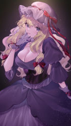 1girl, absurdres, bangs, black background, blonde hair, bow, breasts, cleavage, closed mouth, corset, cowboy shot, dress, eyebrows visible through hair, fingers to mouth, gloves, hair between eyes, hair bow, hat, hat ribbon, highres, huge filesize, large breasts, light, light particles, long hair, looking at viewer, mob cap, pink lips, puffy short sleeves, puffy sleeves, purple corset, purple dress, purple eyes, purple theme, red bow, reflective eyes, ribbon, shiguri, shiny, shiny hair, short sleeves, smile, solo, taut clothes, taut dress, texture, touhou, very long hair, white gloves, wide sleeves, wrist ribbon, yakumo yukari