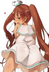 Rule 34 | 10s, 1girl, :d, ass, bare shoulders, blush, brown eyes, brown hair, dark-skinned female, dark skin, dress, fang, from behind, headgear, heart, kantai collection, kuzu (miduhana), libeccio (kancolle), looking at viewer, looking back, open mouth, simple background, smile, solo, symbol ricochet, twintails, white background, white dress