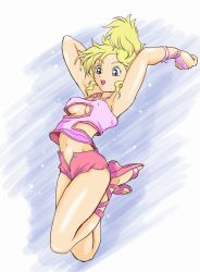 Rule 34 | 1girl, armpits, arms up, blonde hair, blue eyes, breasts, cleavage, cleavage cutout, clothing cutout, cross-laced footwear, elle vianno, gundam, gundam zz, highres, jumping, mattjef, navel, open fly, open mouth, sandals, short shorts, shorts, small breasts, solo, tof, underboob, unzipped, zipper