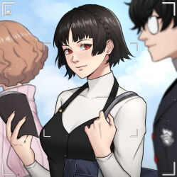 1boy 2girls absurdres amamiya_ren black_hair blurry book braid breasts brown_hair closed_mouth commentary crown_braid eyelashes glasses highres holding holding_book ikhwan_maulana multiple_girls niijima_makoto okumura_haru persona persona_5 red_eyes smile sweater turtleneck turtleneck_sweater viewfinder white_sweater