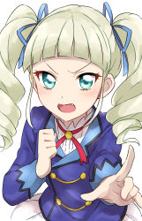 Rule 34 | 10s, 1girl, :d, absurdres, aikatsu!, aikatsu! (series), angry, blazer, blue jacket, blue ribbon, blunt bangs, blush, buttons, clenched hand, drill hair, fang, green eyes, hair ribbon, hand up, highres, index finger raised, jacket, long hair, long sleeves, looking at viewer, neck ribbon, open mouth, outstretched arm, pleated skirt, pointing, pointing at viewer, red ribbon, ribbon, school uniform, sekina, shirt, simple background, skirt, smile, solo, starlight academy school uniform, todo yurika, twin drills, twintails, upper body, v-shaped eyebrows, white background, white hair, white shirt, white skirt