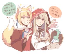Rule 34 | 2girls, aiguillette, animal ears, artist name, blonde hair, brown gloves, brown hair, cape, clenched teeth, cloak, commentary, corset, english text, fire emblem, fire emblem fates, fox ears, fox tail, foxkunkun, frown, fur collar, fur trim, gloves, grey hair, hand on another&#039;s arm, holding, hood, hooded cloak, hoodie, long hair, long sleeves, multicolored hair, multiple girls, nintendo, red eyes, selkie (fire emblem), shirt, sidelocks, simple background, smile, sparkle, speech bubble, sweatdrop, tail, talking, teeth, text focus, two-tone hair, underbust, upper body, velouria (fire emblem), white background, white shirt, wide sleeves, wolf ears, yellow eyes