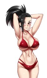 Rule 34 | 1girl, armpits, arms behind head, arms up, bikini, black eyes, black hair, blush, boku no hero academia, breasts, collarbone, commentary, cowboy shot, eyes visible through hair, large breasts, long hair, navel, ponytail, red bikini, simple background, skindentation, solo, stomach, swimsuit, toned, twrlare, white background, yaoyorozu momo