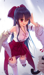 Rule 34 | 1girl, ;d, bare shoulders, black hair, blush, breasts, detached sleeves, frilled thighhighs, frills, hakama, hakama short skirt, hakama skirt, hakurei reimu, highres, holding hands, japanese clothes, large breasts, long hair, looking at viewer, miko, nontraditional miko, one eye closed, open mouth, pov, red eyes, ribbon-trimmed sleeves, ribbon trim, sandals, skirt, smile, solo focus, teeth, thighhighs, touhou, umbrella, wet, wet clothes, white thighhighs, wu (4401153), zettai ryouiki