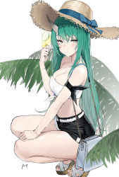 Rule 34 | 1girl, arknights, arm ribbon, arm scarf, bag, bandeau, bare shoulders, belt, black shorts, blush, breasts, cleavage, closed mouth, commentary request, fern, food, from side, front-tie top, green eyes, green hair, hair between eyes, hand on thigh, handbag, hat, high heels, highres, holding, holding food, horns, hoshiguma (arknights), large breasts, long hair, popsicle, pre (preecho), ribbon, short shorts, shorts, single horn, skin-covered horns, squatting, strapless, straw hat, sweat, thighs, tube top, white belt